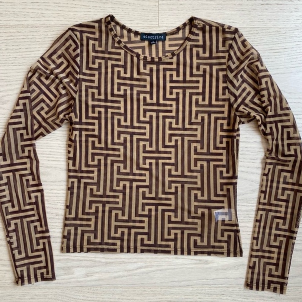 Geometric Print Brown Electrica Mesh Long Sleeve Shirt